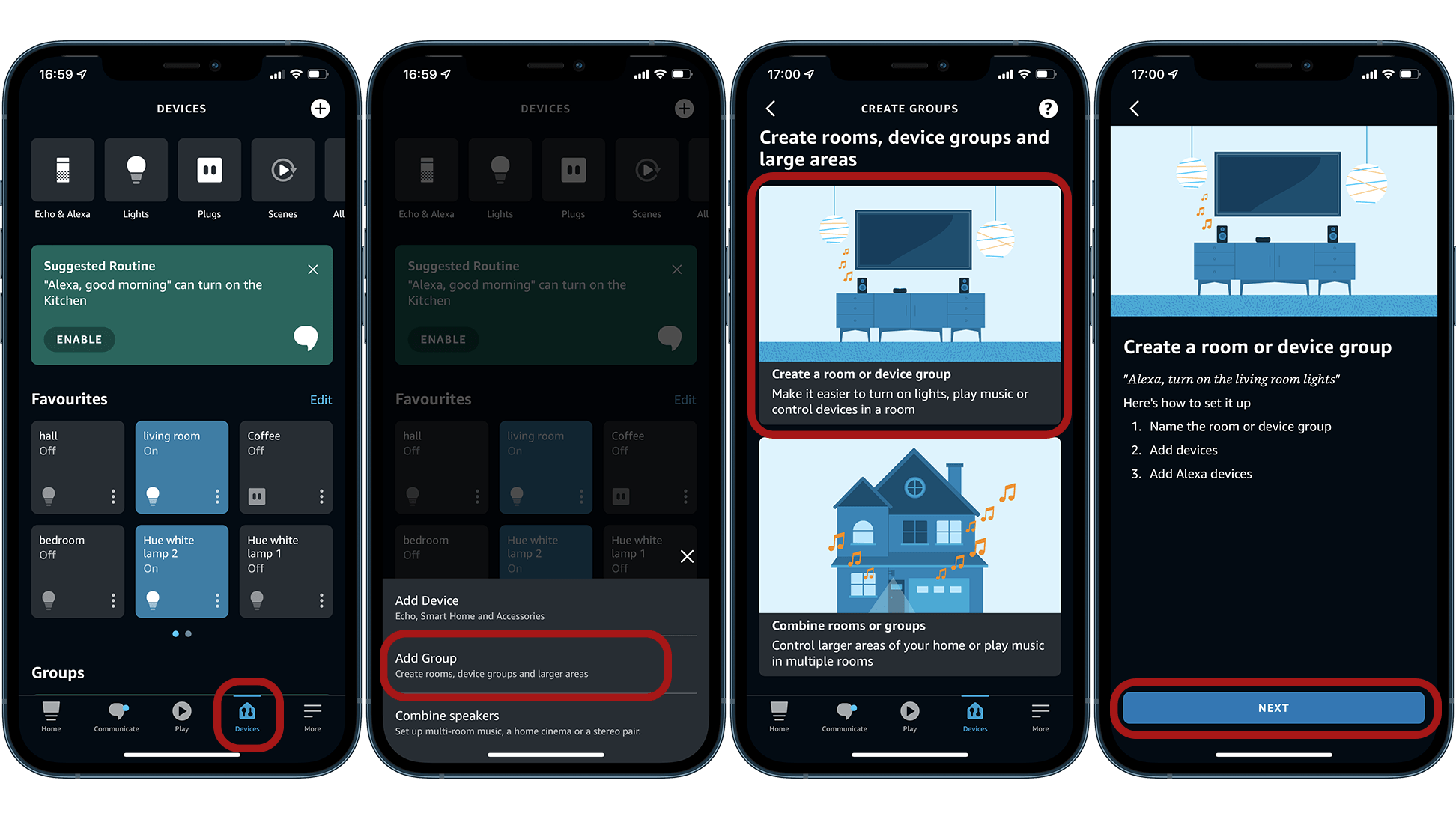 First, select Create a room or a device group... Screenshots showing how to set up light group using Alexa app
