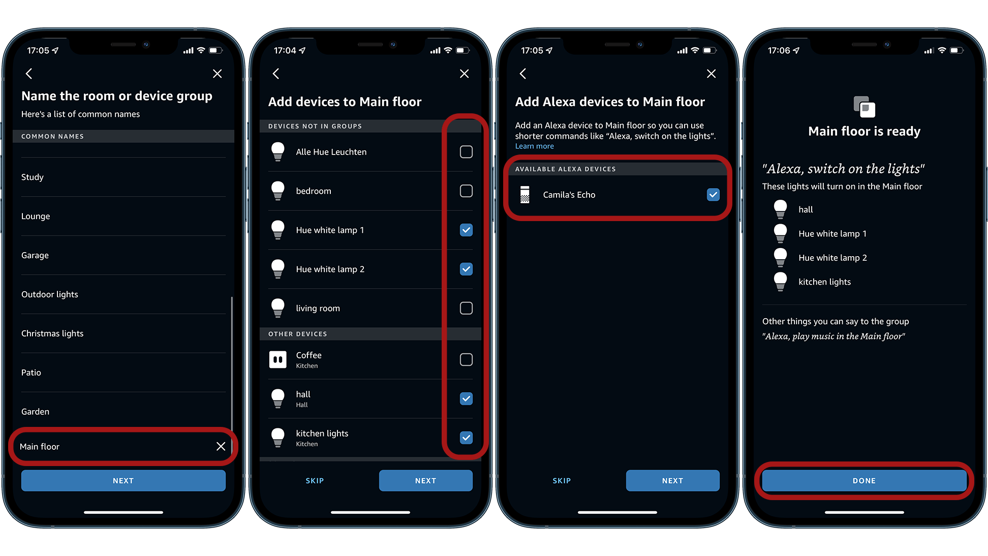 ... then just choose the smart lights that will be part of the group and that's it! Screenshots showing how to set up light group using Alexa app