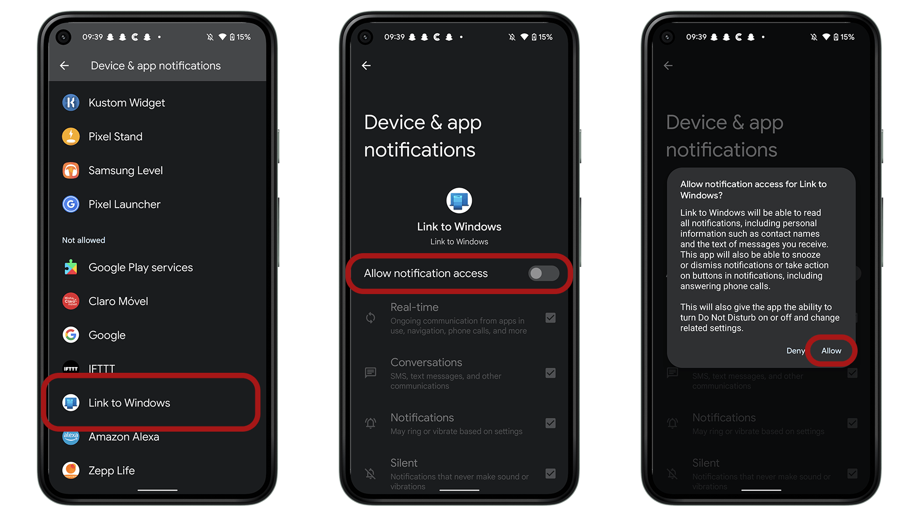That’s it! After allowing the app to access your phone's notifications everything should be good to go Screenshots showing the process on how to use Link to Windows app