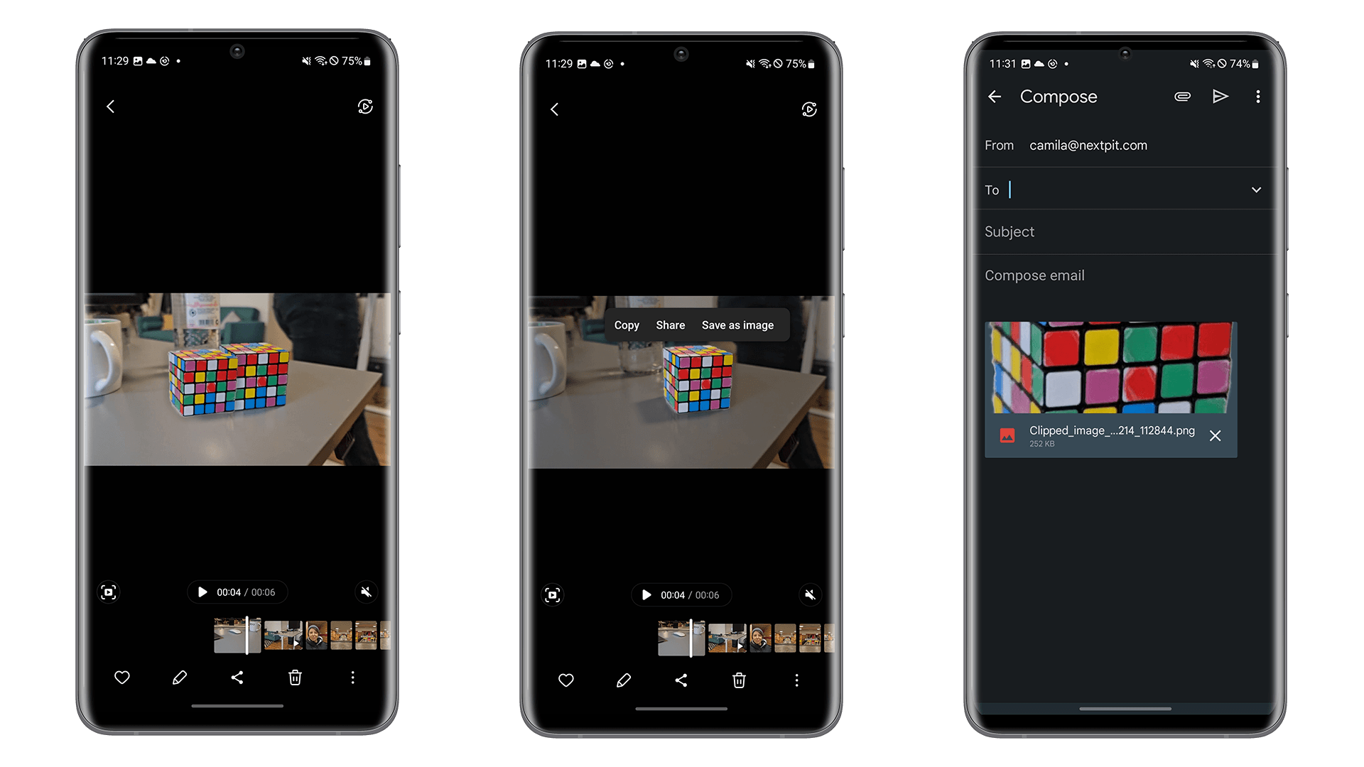 Samsung also offers the possibility to remove the background of an image when pausing a video. Screenshots showing the process to remove background in a video on the Galaxy S23 Plus device.
