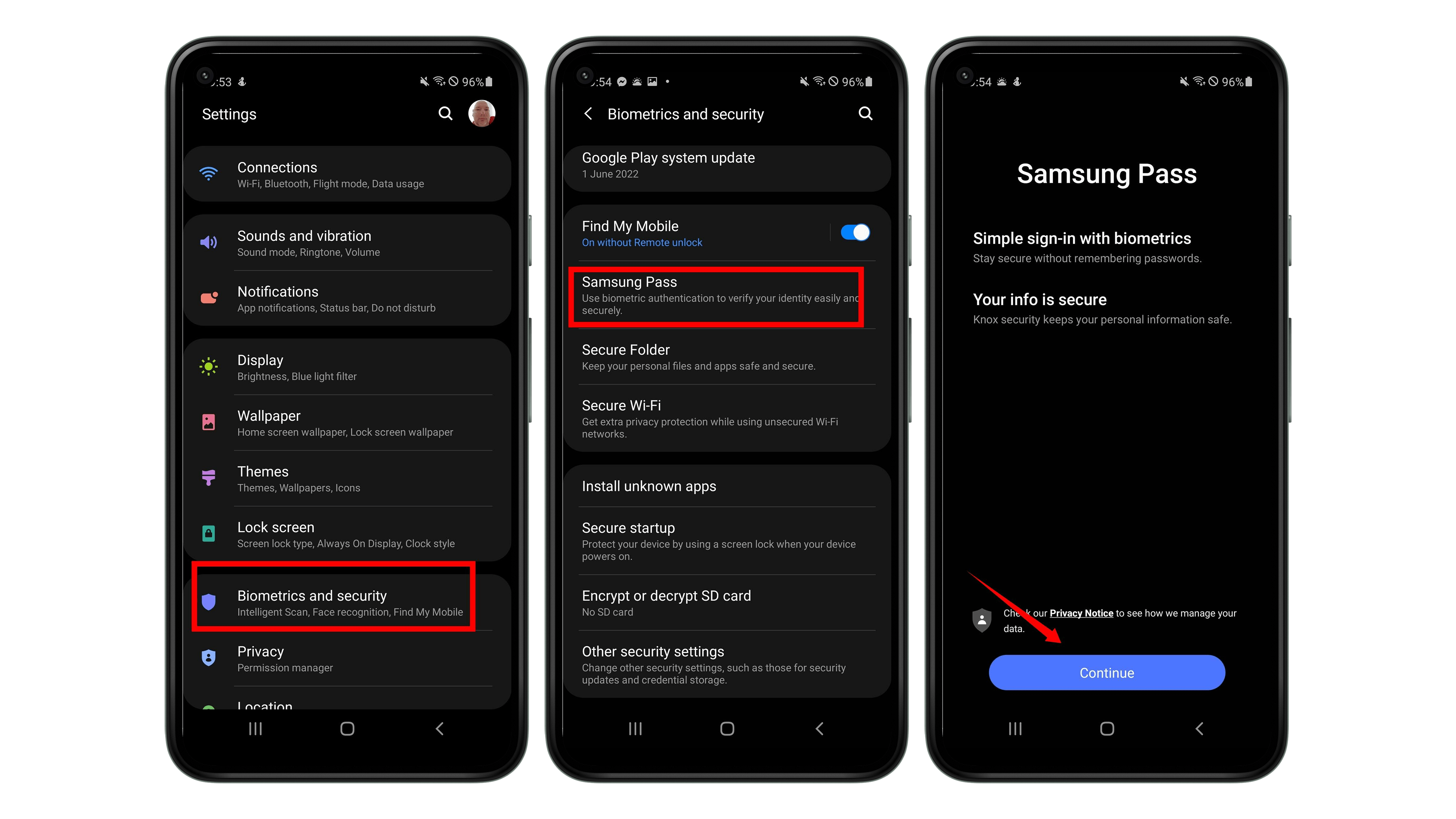 Via "Biometric data and security" you get to Samsung Pass. Screenshots of Samsung settings