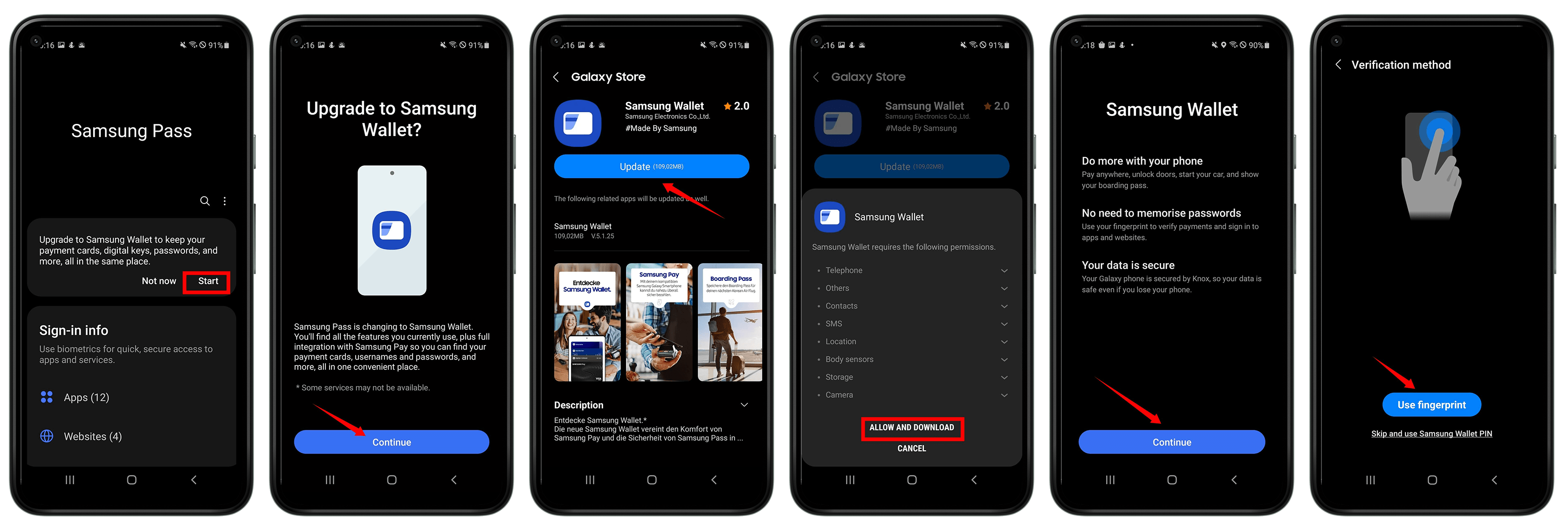 Samsung Wallet vereint die Samsung-Dienste Pass und Pay unter einem Dach. Screenshots zeigen, wie man von Samsung Pass zu Samsung Wallet wechselt