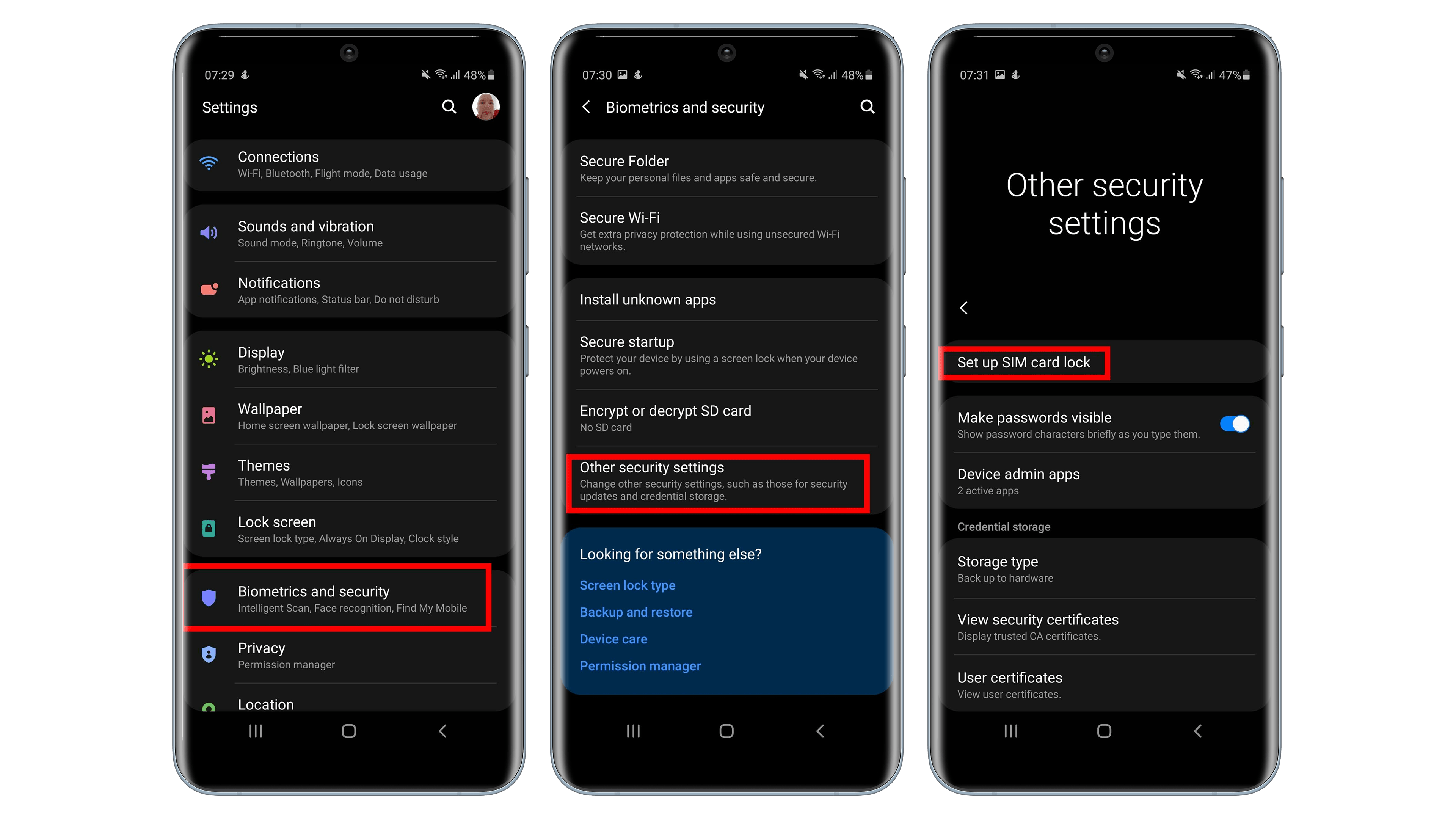 Über die Einstellungen hangelt Ihr Euch zur Option SIM-Sperre durch. Screenshots der SIM-Karten-Einstellungen auf einem Samsung Handy