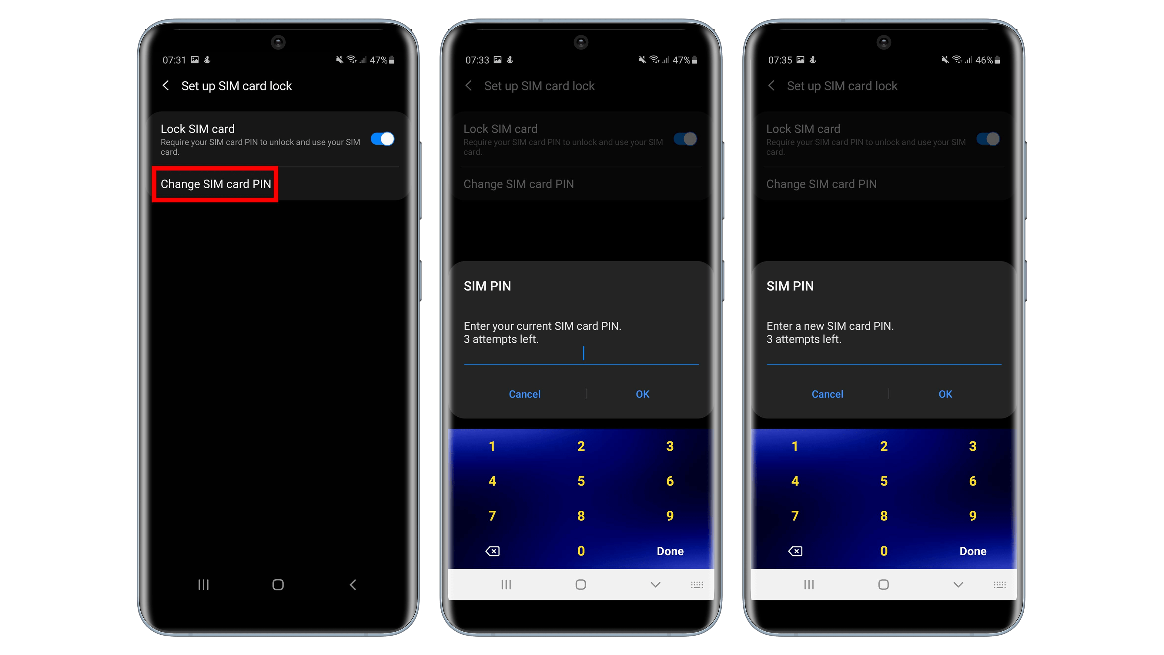 Nachdem Ihr die gewünschte PIN eingegeben habt, bestätigt Ihr sie noch einmal – und könnt sie dann ab sofort nutzen. Screenshots der SIM-Karten-Einstellungen auf einem Samsung Handy