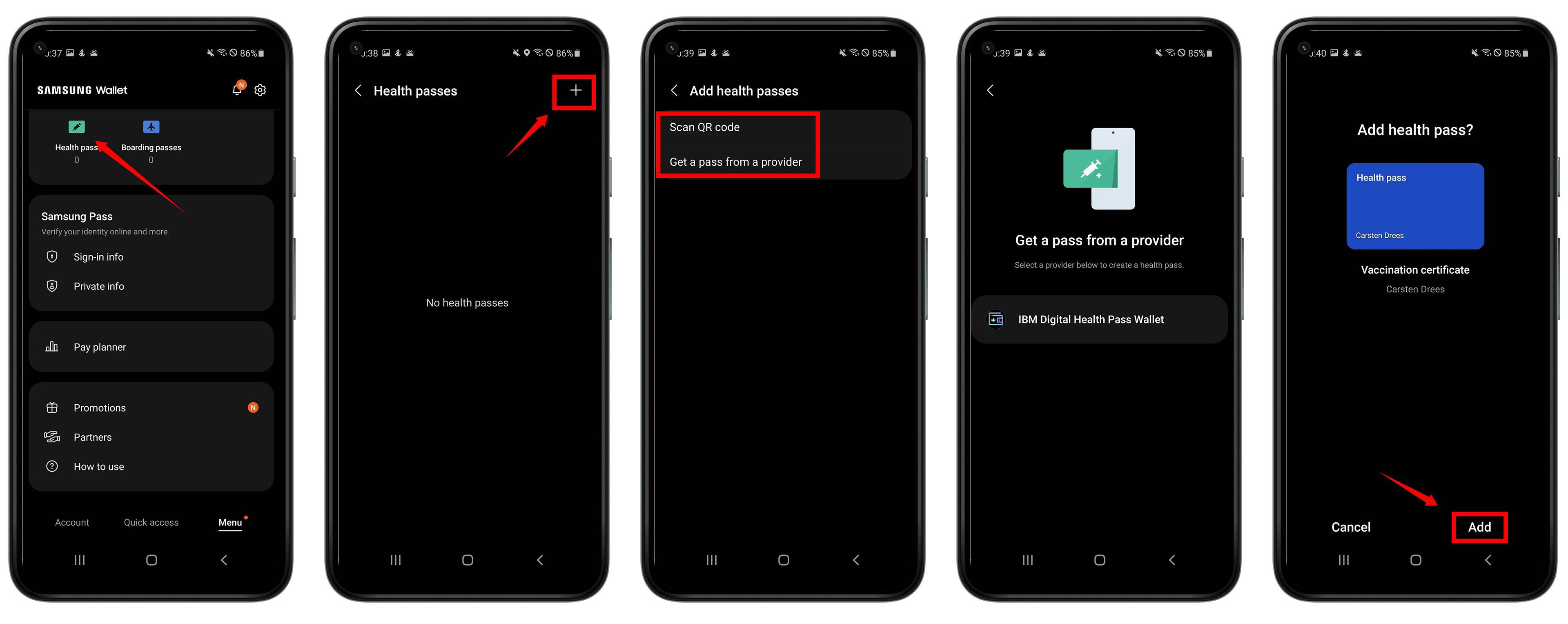 Euer Impfnachweis ist im Handumdrehen in der App hinterlegt. Screenshots der Impfpass-Integration in der Samsung-Wallet-App