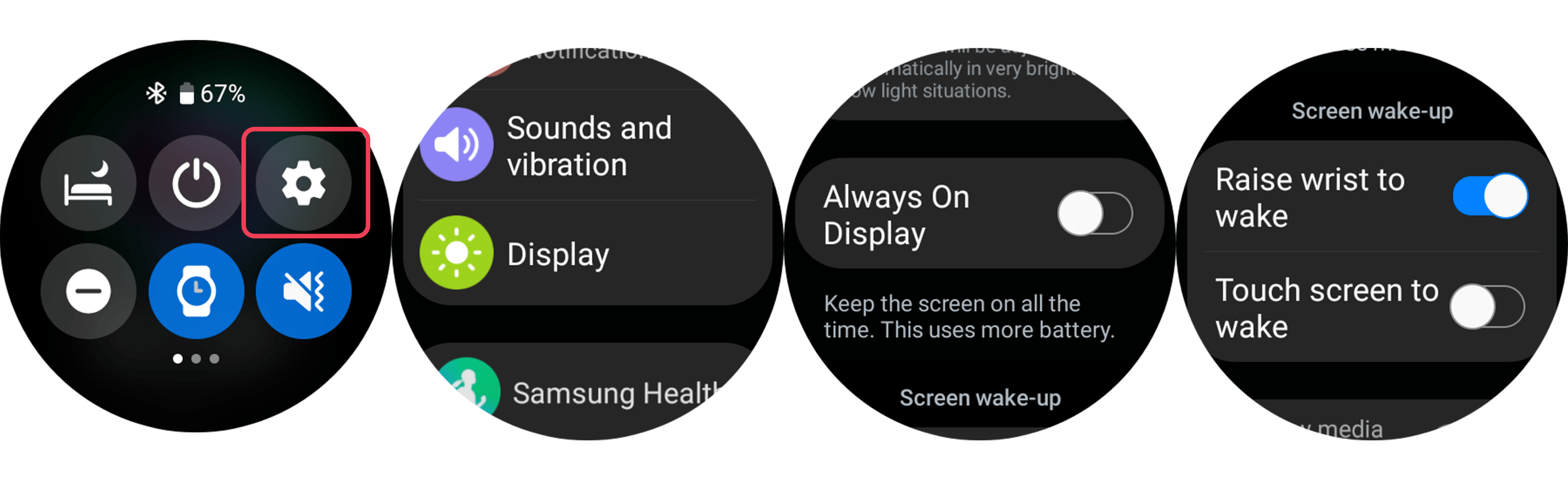 Screenshots showing how to use the Galaxy Watch 5 Pro settings to improve battery life