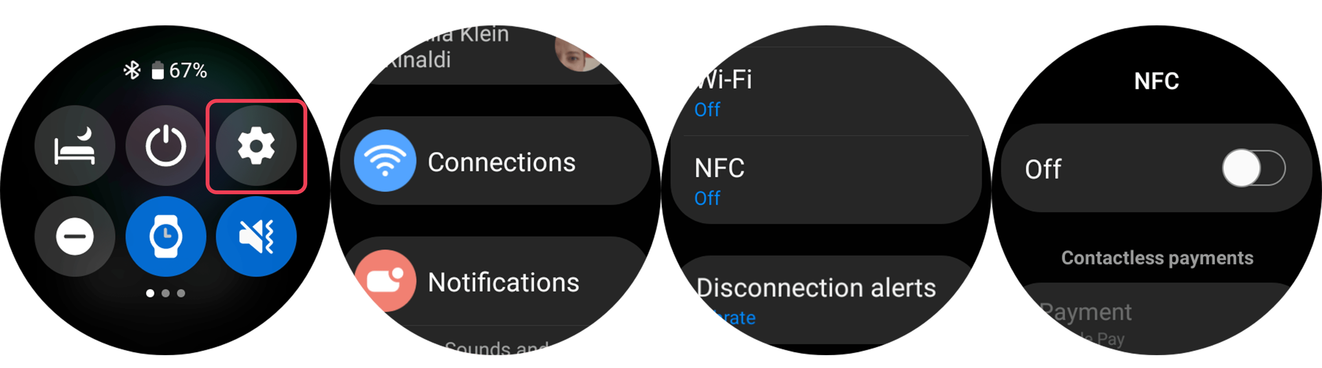 Screenshots showing how to use the Galaxy Watch 5 Pro settings to improve battery life