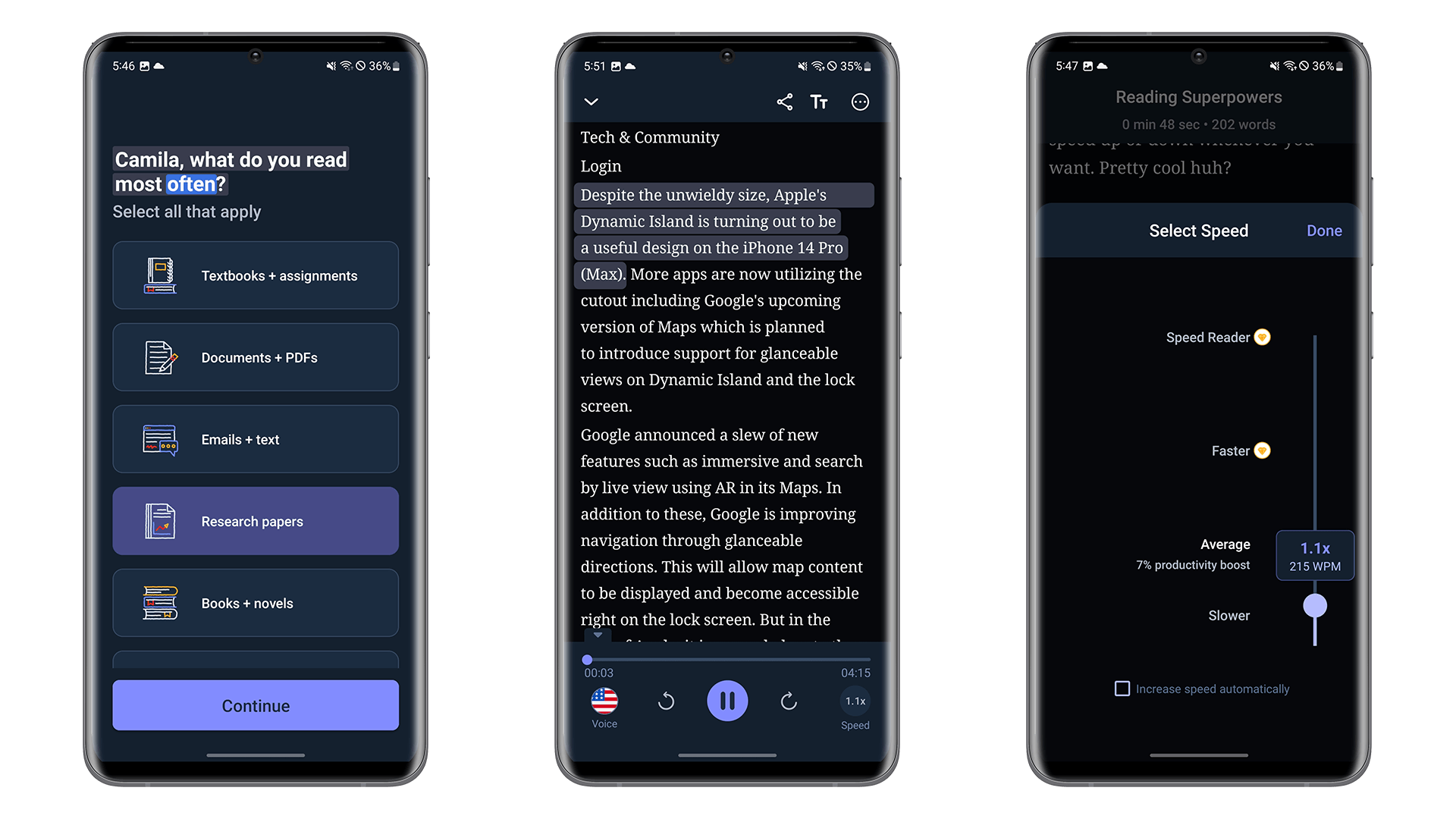 Screenshots displaying the user interface of the app Speechify