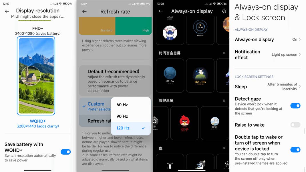 Stolze 1/3 der gesamten Rückseite nimmt das Kamera-Array des Xiaomi 12S Ultra ein. Wir sehen Screenshoots der Display-Einstellungen des Xiaomi 12S Ultra