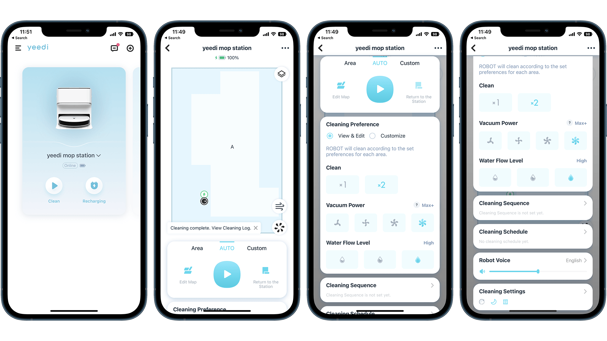The Yeedi app UI showing the main features of the Yeedi Mop Station vacuum cleaner