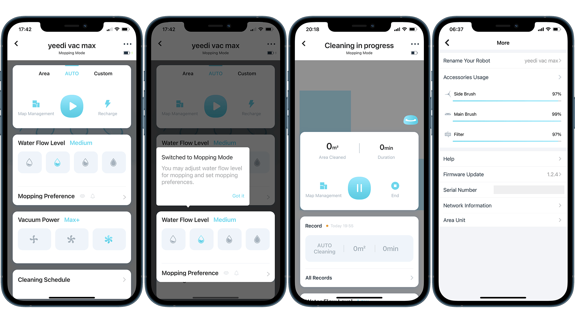 Screenshots displaying how to use Yeedi Vac Max vacuum and mopping modes