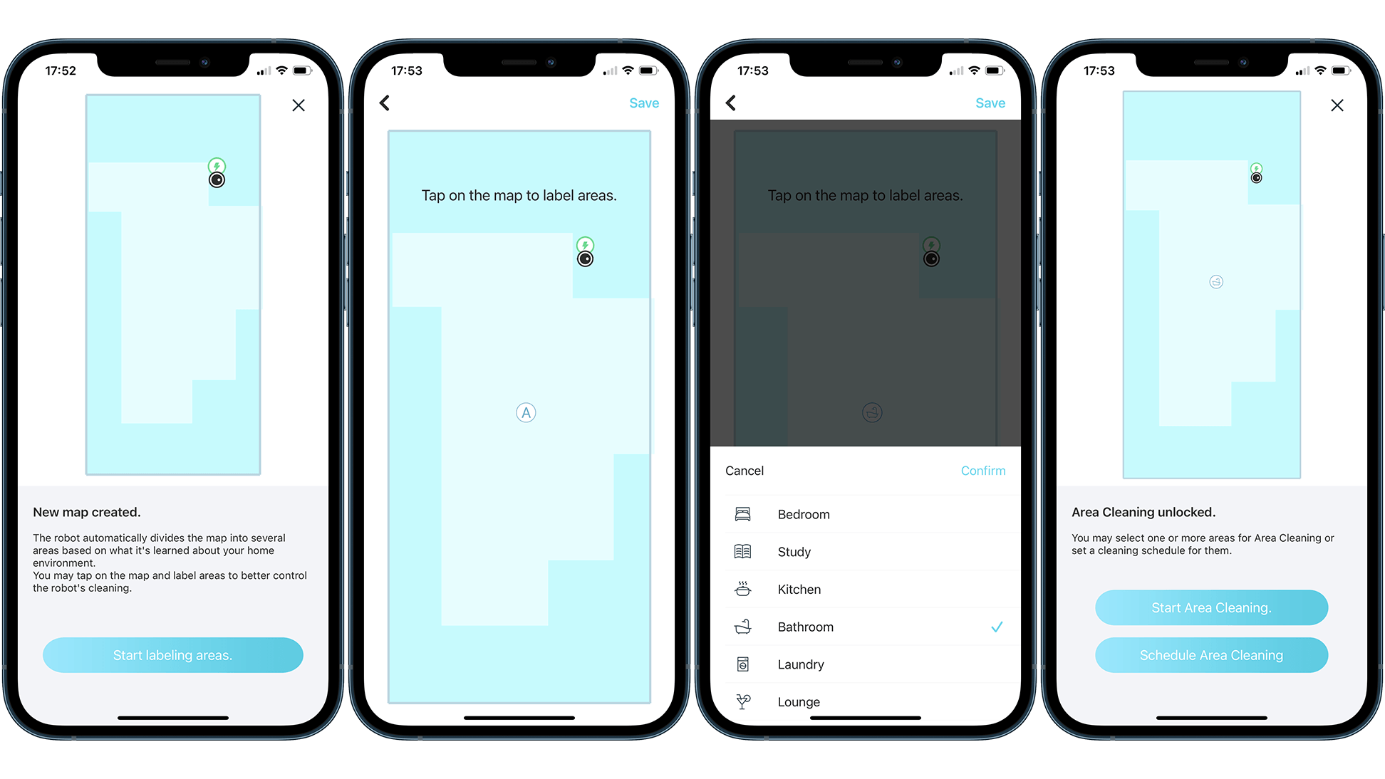 Screenshots displaying how to create a map using Yeedi Vac Max app
