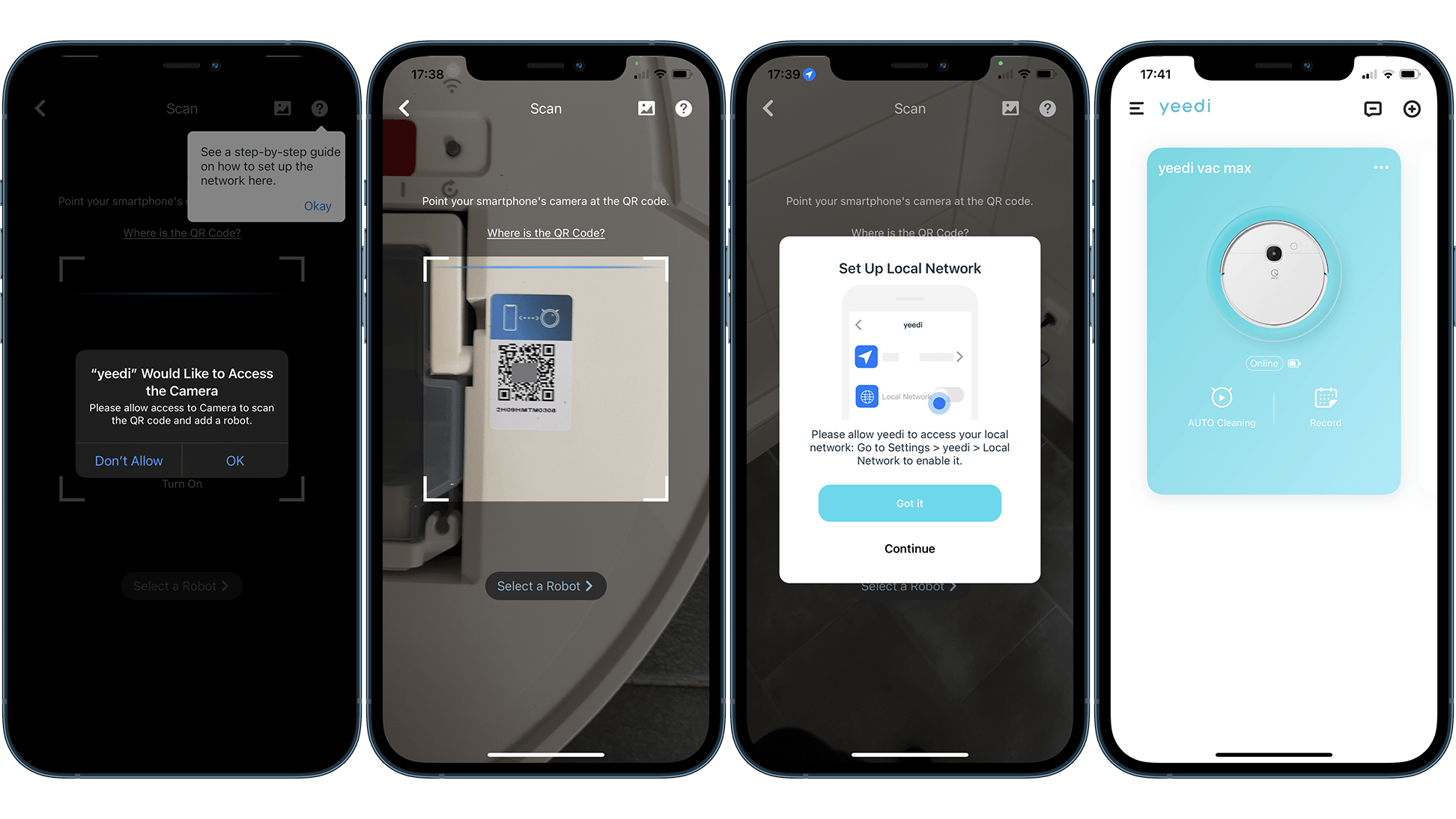 Screenshots displaying how to setup Yeedi Vac Max to the local internet network