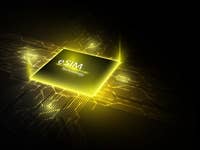 A close-up of an eSIM chip with the text 'eSIM Technology' illuminated in yellow against a black background.