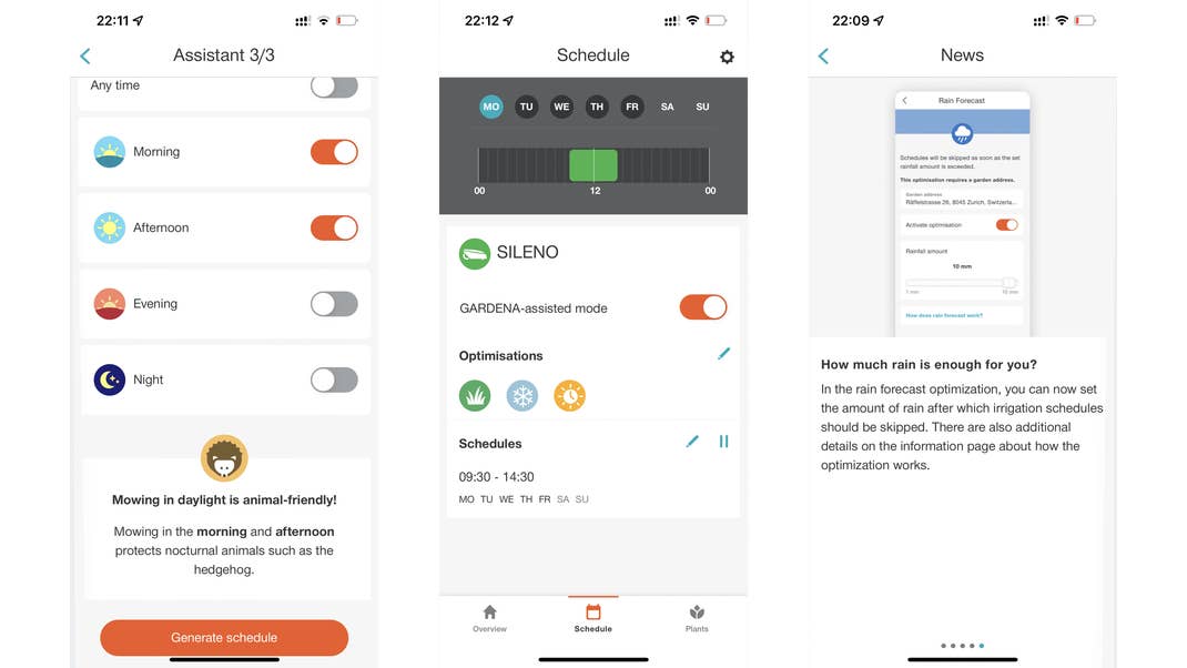 Interesting: In the assistant for schedules, the app tells you how to protect hedgehogs. The robot can also refer to the weather forecast. Gardena Sileno City 600 m² Screenshots