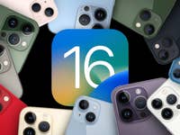 iOS 16 logo surrounded by iPhone devices