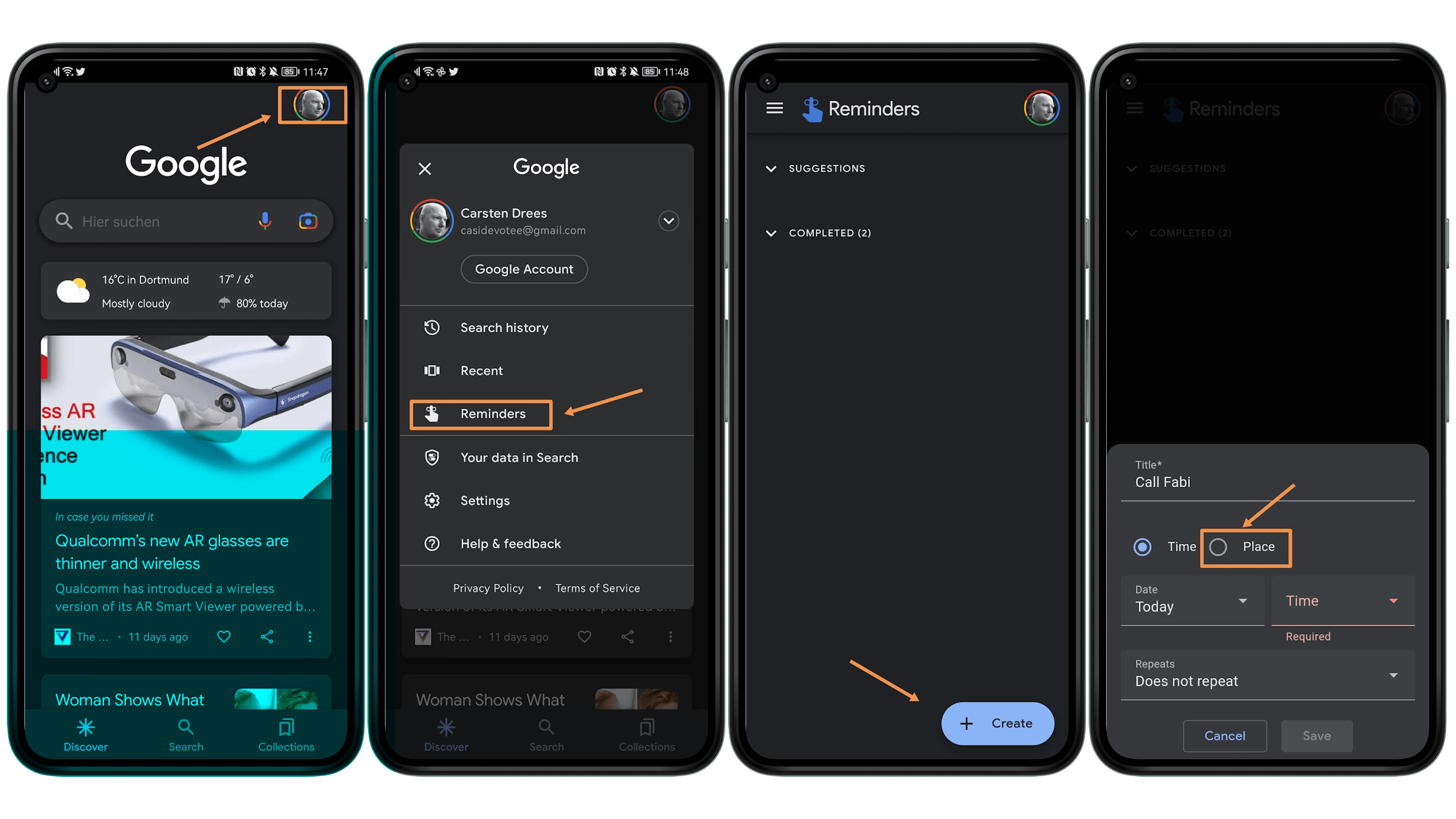 Die Google-App bietet Euch nur die Optionen Zuhause und Arbeit. Screenshots vom Einrichten der Erinnerungen mittels Google-App