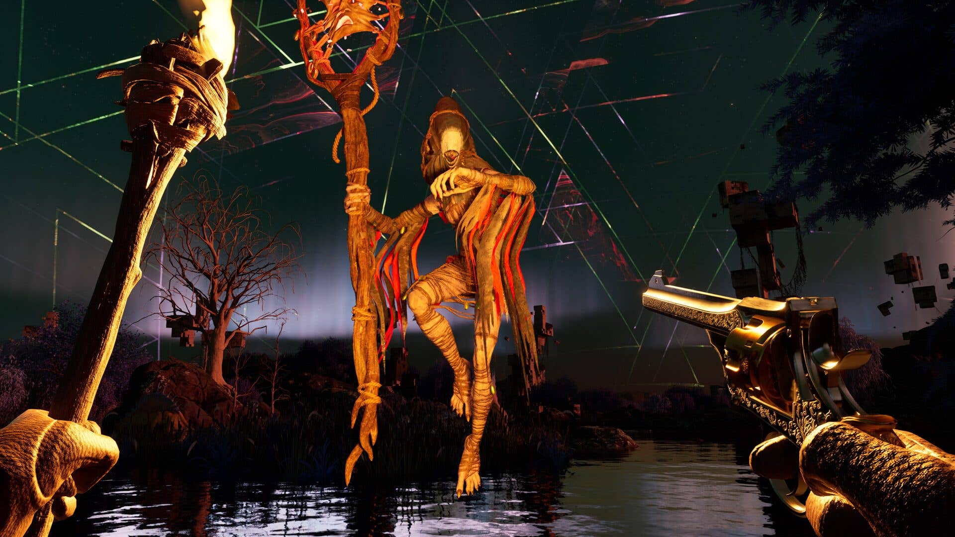 A character with a staff and a gun stands by a dark water body, surrounded by trees and a surreal landscape.