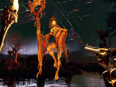 A character with a staff and a gun stands by a dark water body, surrounded by trees and a surreal landscape.
