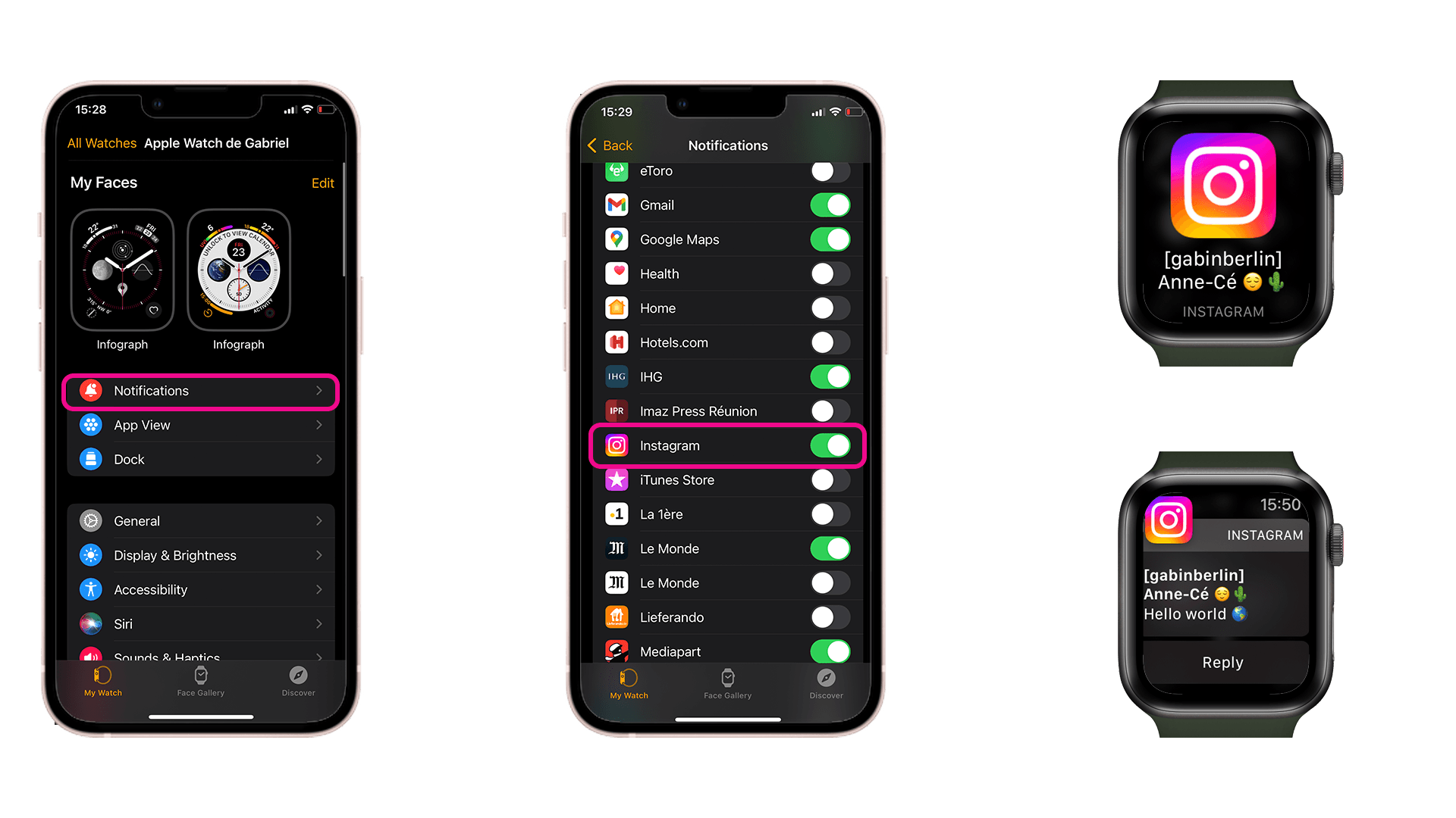 Screenshot showing how to activate Instagram notifications on the Apple Watch. Screenshot showing how to activate Instagram notifications on the Apple Watch.