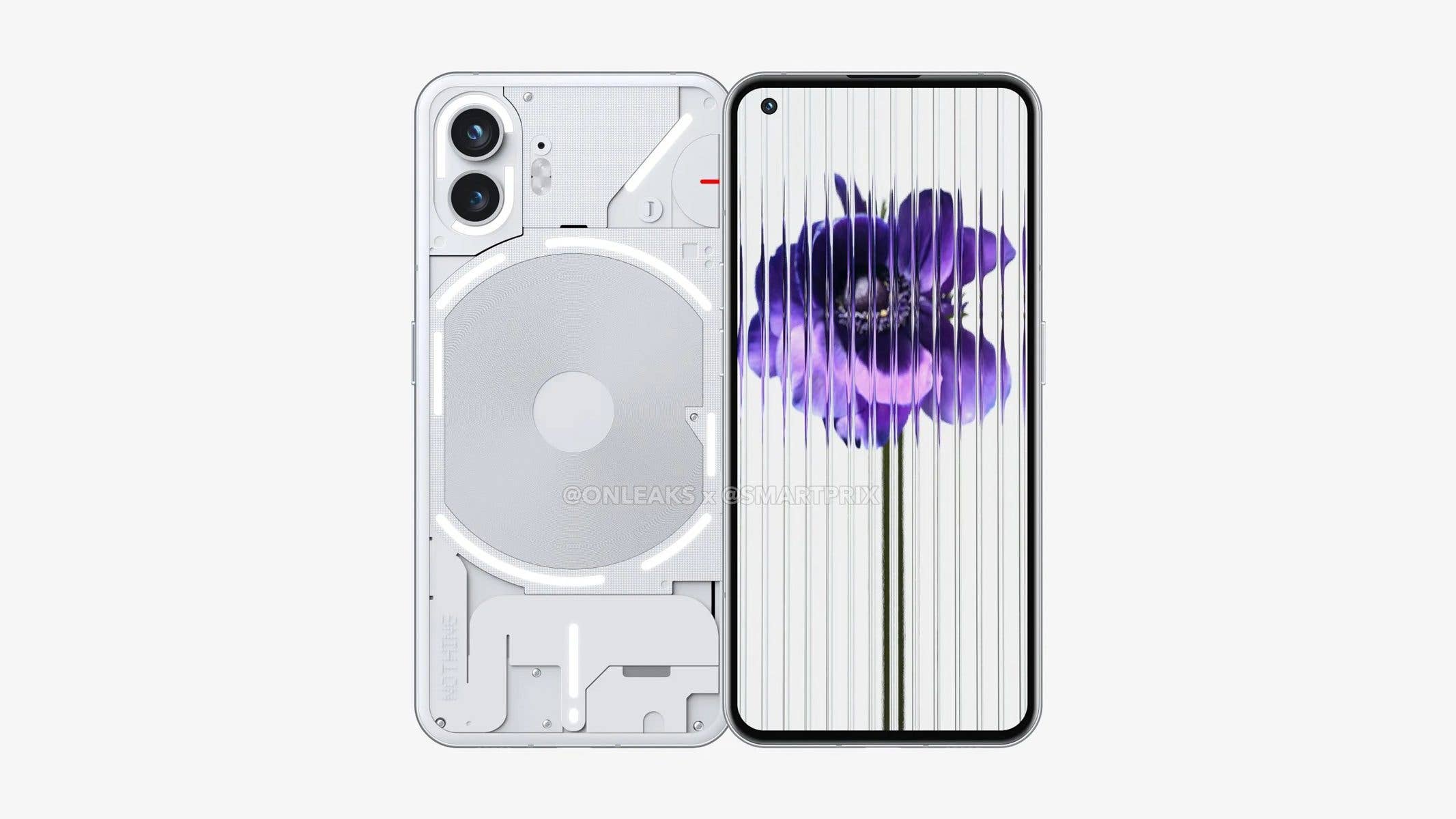 Nothing Phone (2)'s alleged design with a larger display and curved panels. Nothing Phone (2) alleged design in a render