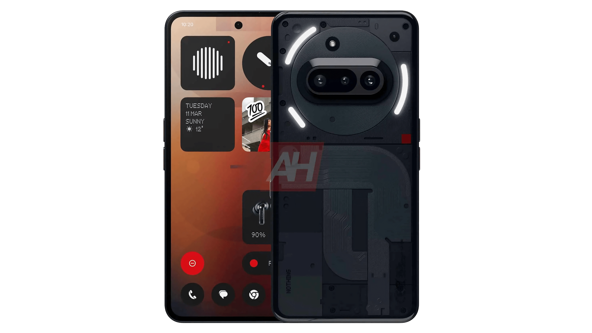 A smartphone displaying a modern user interface with widgets and a unique back design.