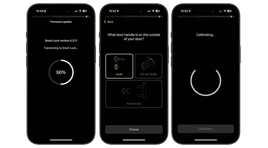 Smartphone screenshots showing the Nuki Smart Lock Pro settings and progress of the firmware update.