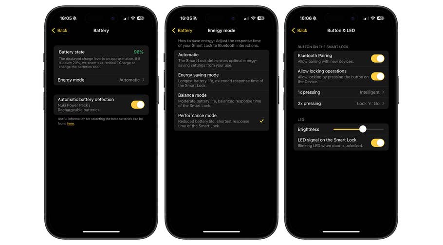 Nuki Smart Lock Pro app screenshots showing battery status, power modes, and pocket settings.