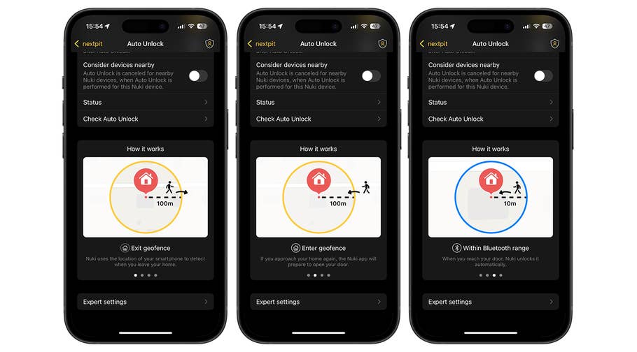 Screenshots showing the Auto Unlock settings of the Nuki Smart Lock Pro.