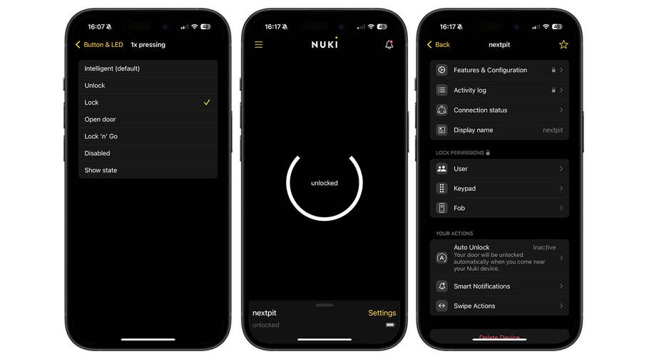 Screenshots showing the settings and status of the Nuki Smart Lock Pro app.