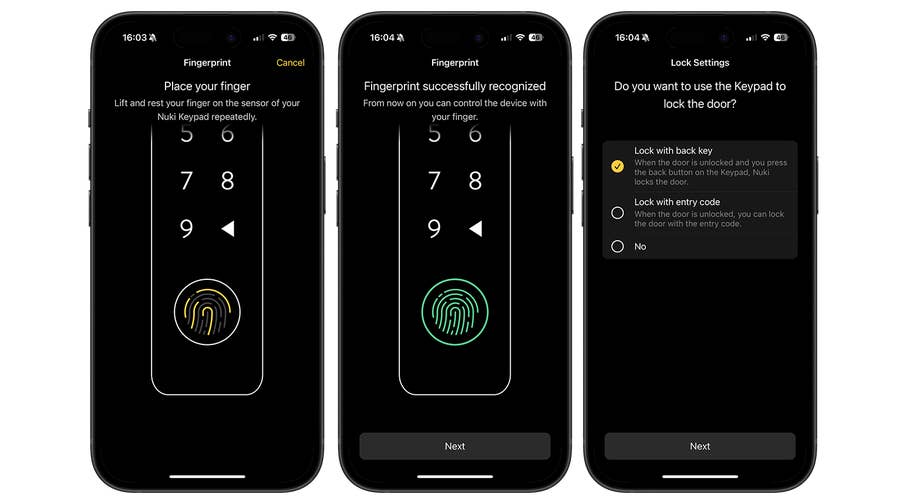 Nuki Smart Lock Pro setup screens with fingerprint recognition and key lock options.