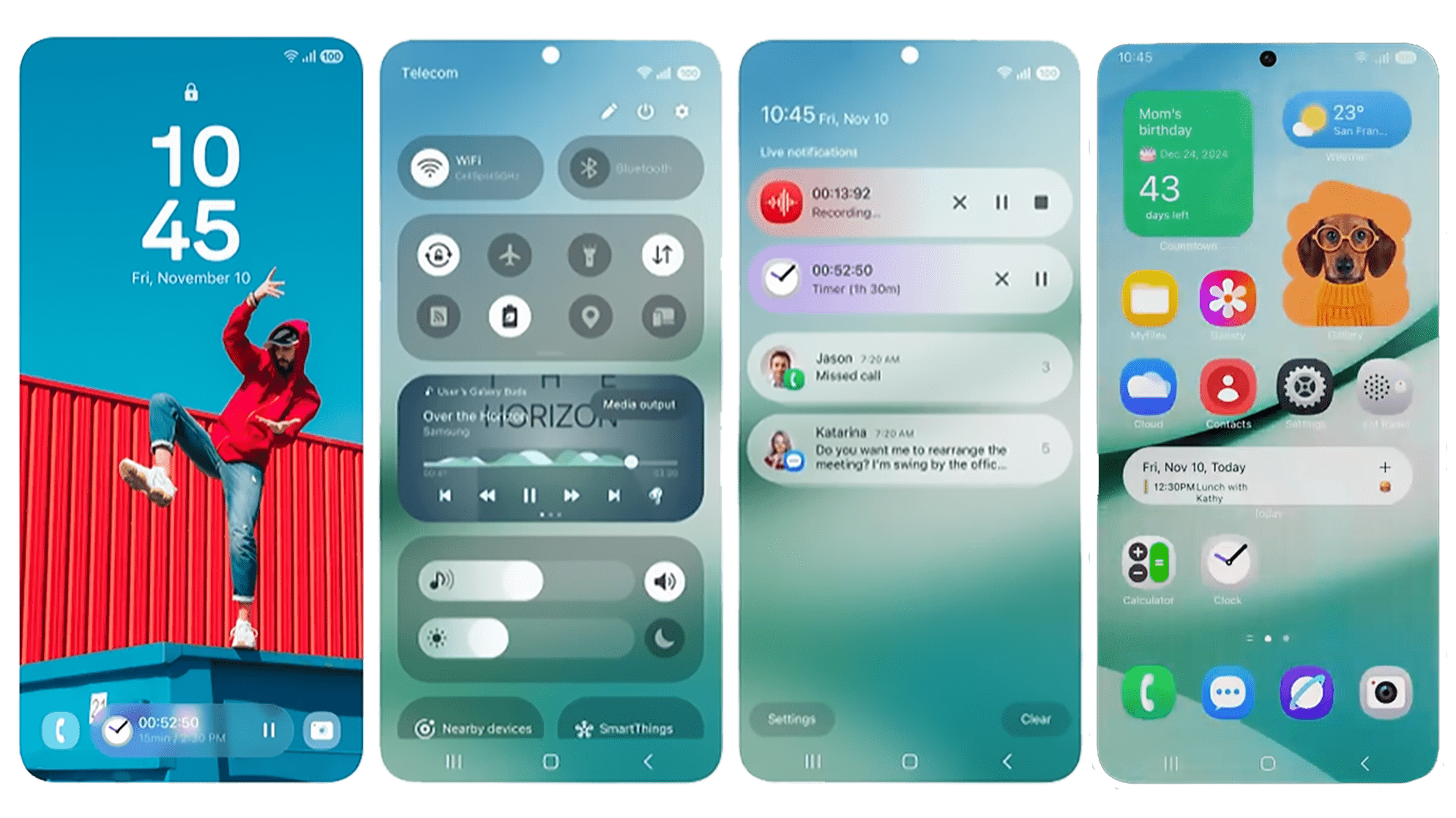 Smartphone screens displaying various features and notifications, including date and time.