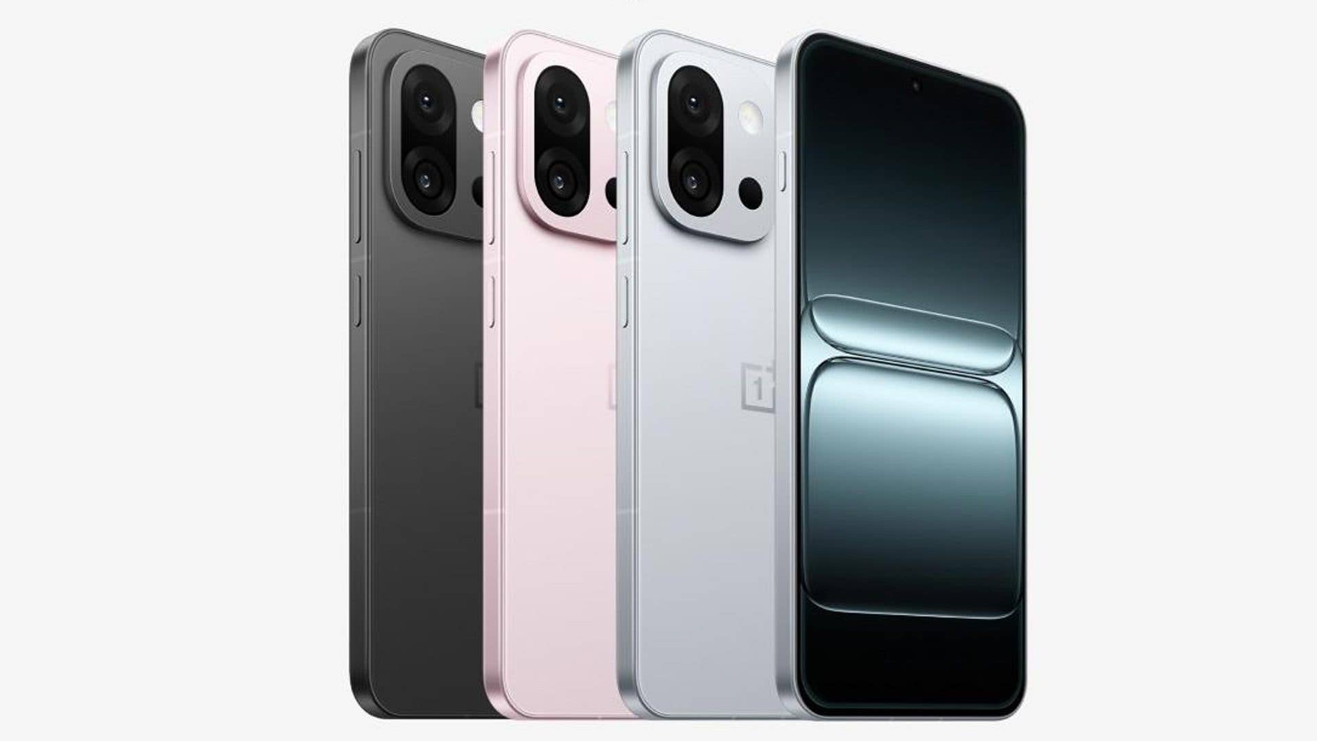 Three OnePlus 13T smartphones in black, pink, and white colors displayed from the back.