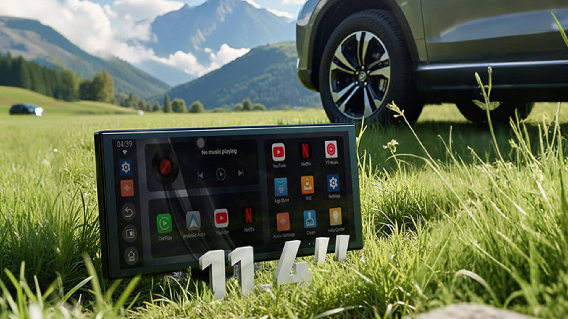 Ottocast display on grass with 11.4-inch screen, showing app icons, beside a car in a mountainous landscape.