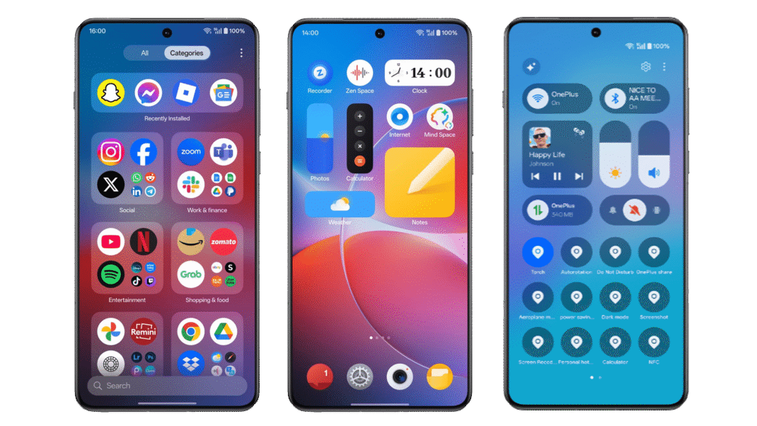 Three smartphones displaying app interfaces and settings from OnePlus.