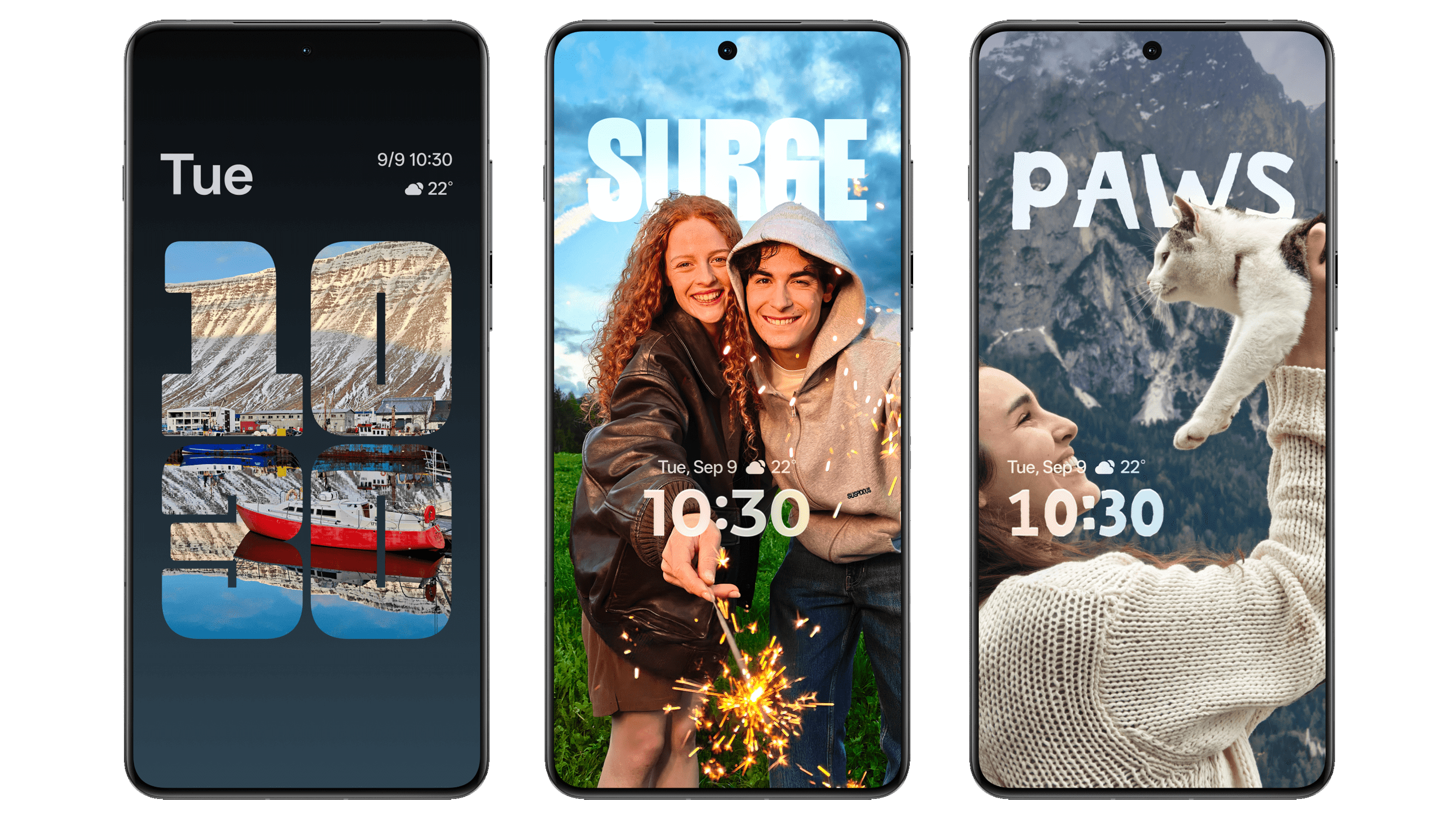Three OnePlus smartphones displaying colorful lock screens with time and weather information. Three OnePlus smartphones displaying colorful lock screens with time and weather information.