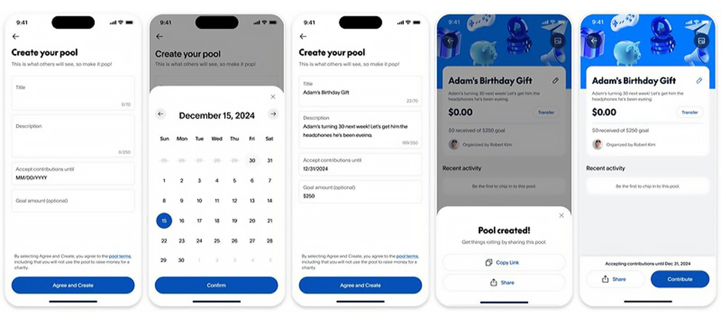 Screenshots of a PayPal app interface for creating a fundraising pool for a birthday gift.