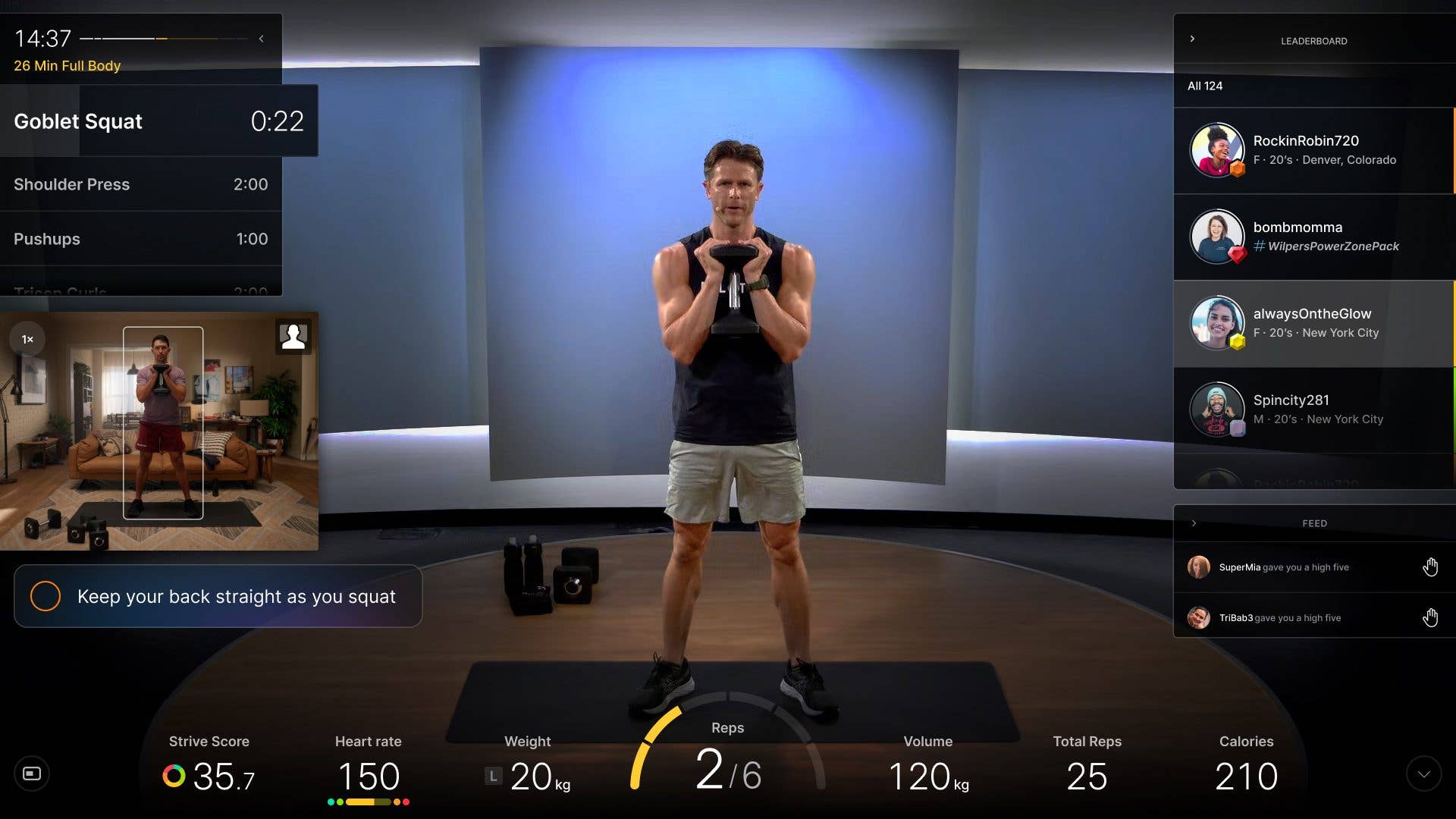 Person performing a goblet squat in a fitness class, with workout stats displayed on the screen.