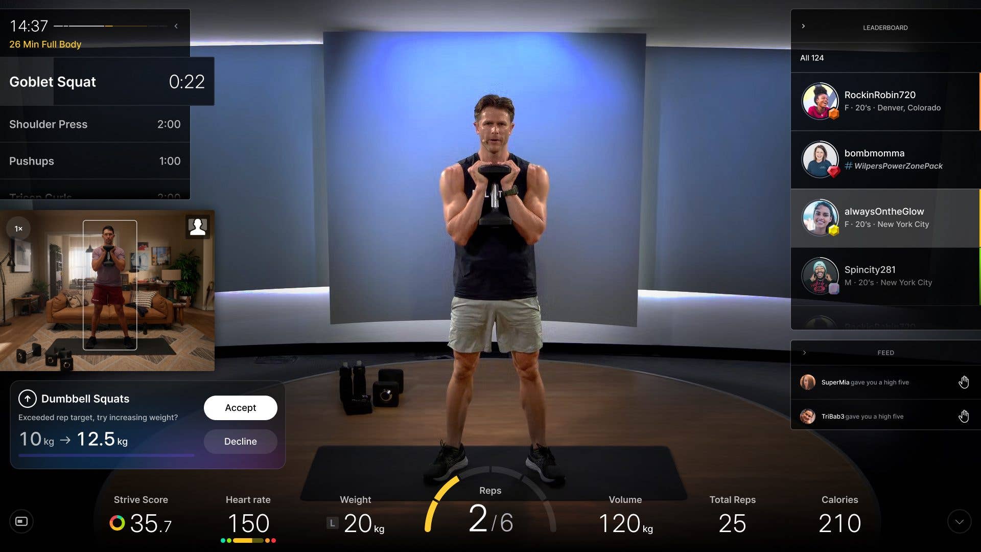 A fitness instructor demonstrating goblet squats on a Peloton screen with workout stats and leaderboard.