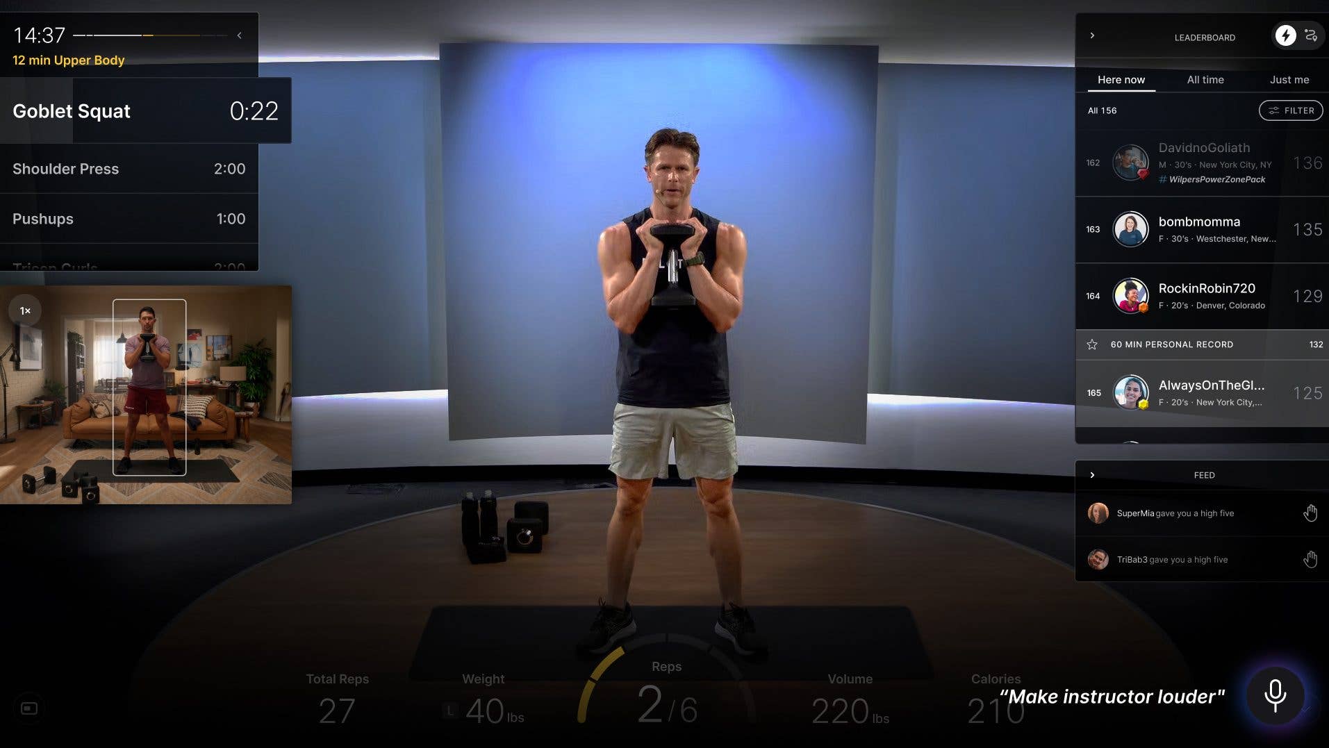 A fitness instructor demonstrates a goblet squat in a Peloton workout, with exercise details on the screen.