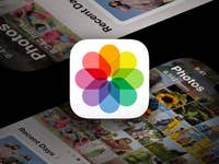 The Apple Photos app icon is highlighted, with two smartphones in the background displaying photo galleries on iPhones.