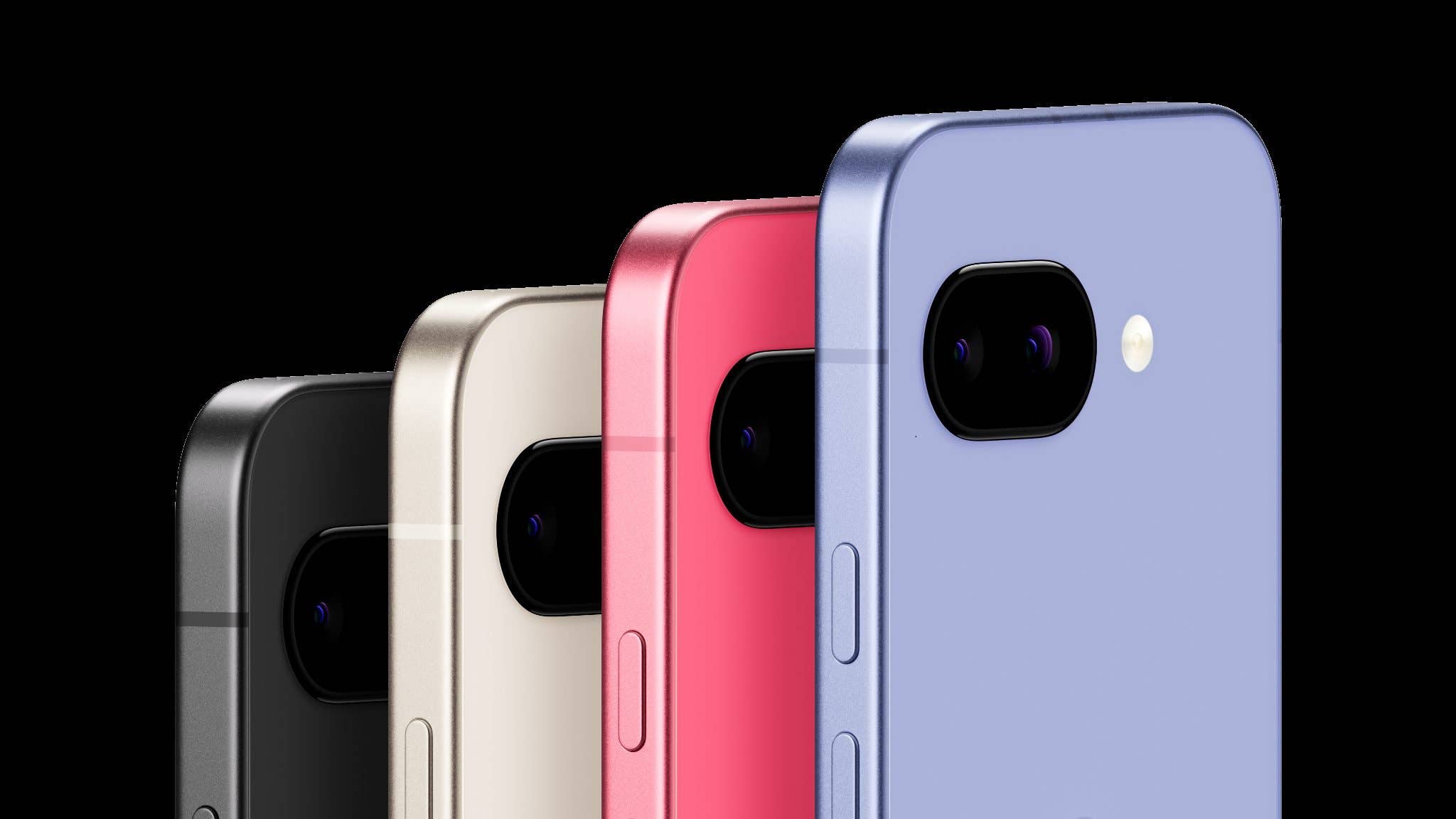 Four Google Pixel 9a smartphones in black, gold, pink, and blue colors, angled to display their backs.