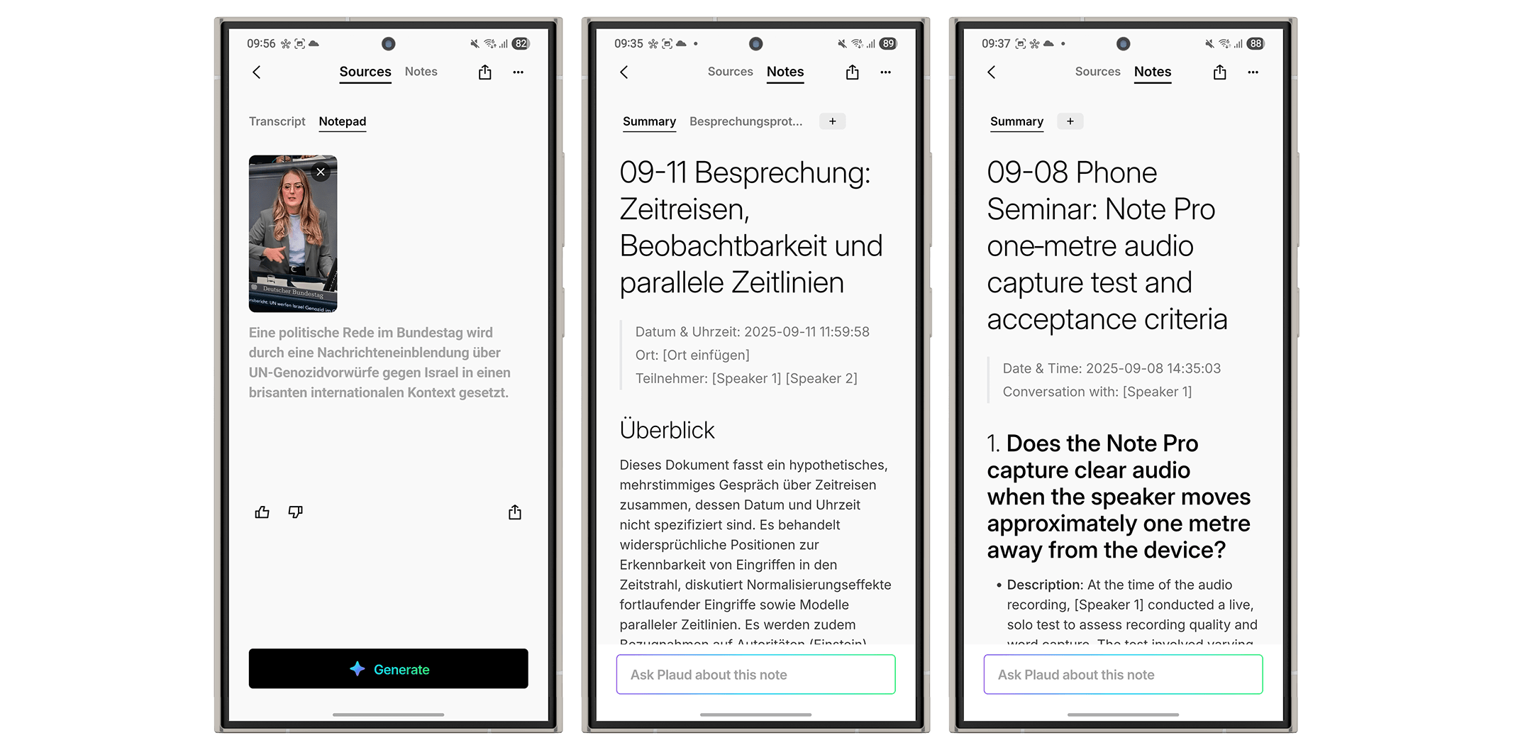 Screenshots of a note-taking app showing options for creating notes and settings for audio transcription. Screenshots of a note-taking app showing options for creating notes and settings for audio transcription.