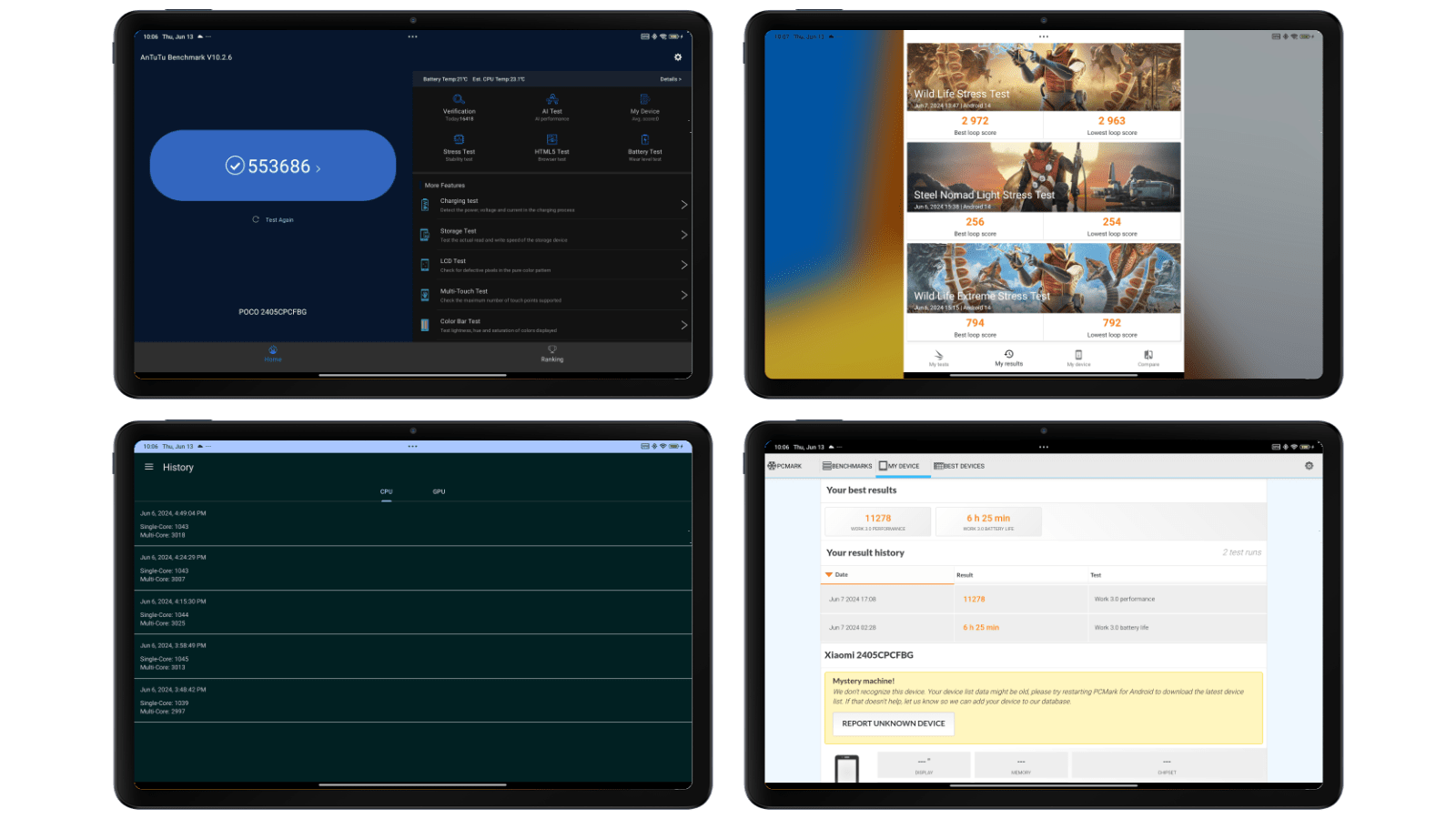 Poco Pad screencaptures showing performance benchmark results