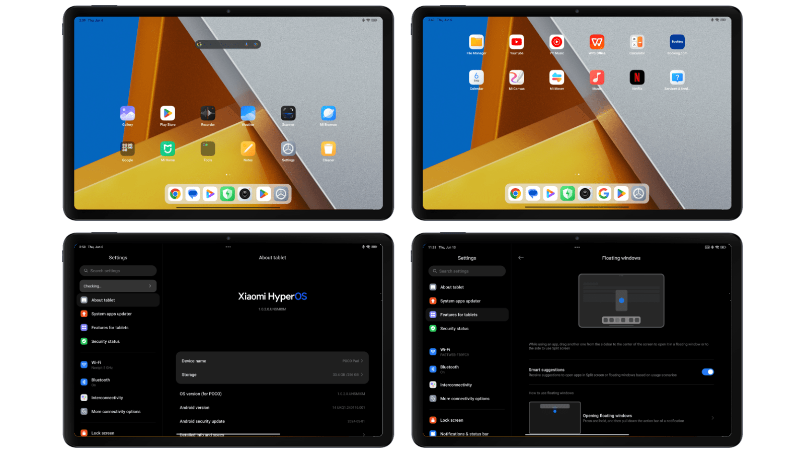 Poco Pad screencaptures showing the home screen and default storage usage.