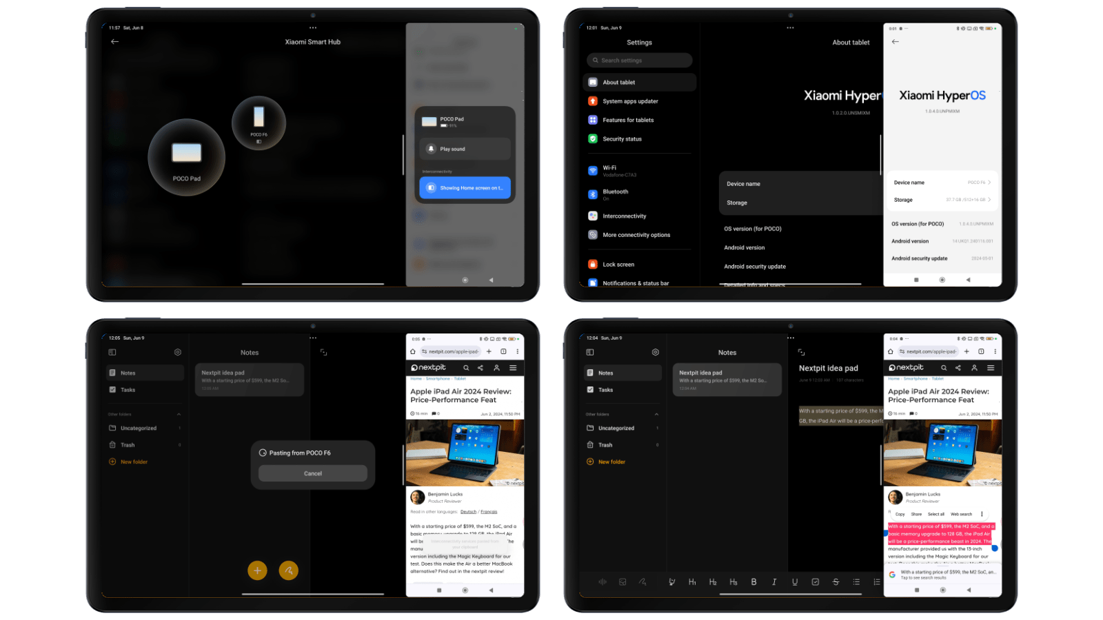 Poco Pad screencaptures showing the phone mirroring feature