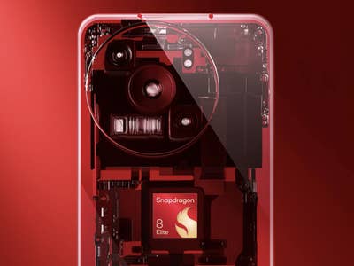 Illustration of a transparent smartphone showing the Snapdragon 8 Elite processor inside.