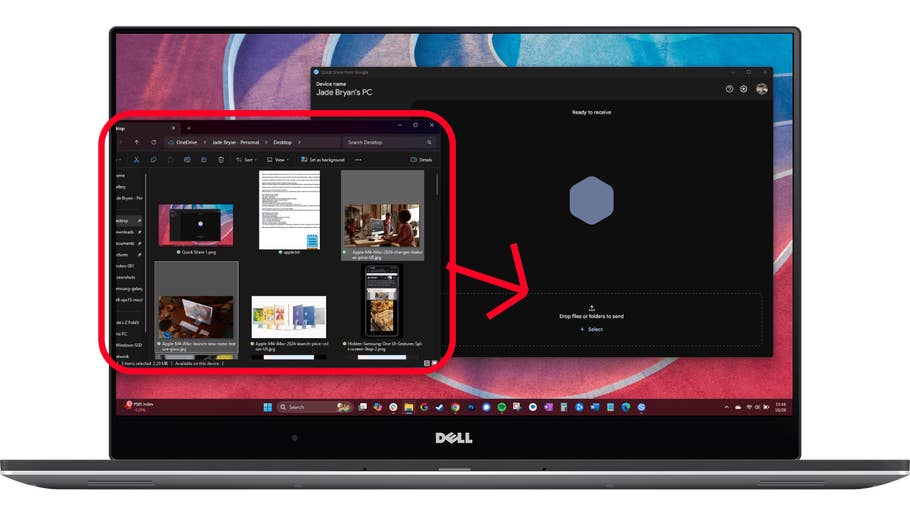 A Dell laptop screen displaying file sharing options from Quick Share.