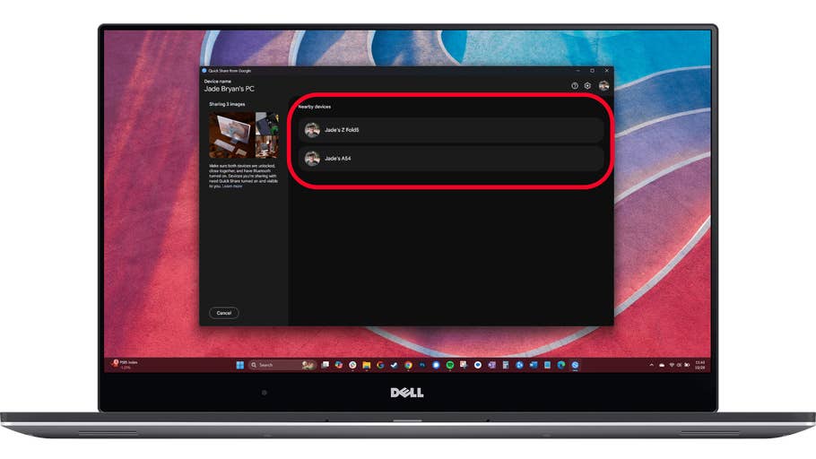 Laptop screen displaying Google Quick Share options with nearby devices.