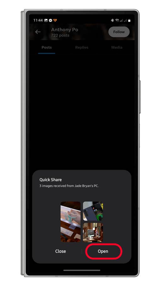 A smartphone screen displaying a share menu with options to open or close images from Jade Bryanu0027s PC.